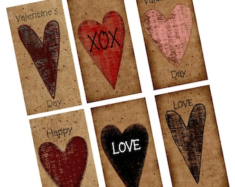 PRIM HEARTS Dee-Lite Digital Rustic Hang Tags -Rustic Valentines - Instant Download of Primitive Tags