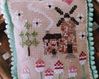 CHART The Olde Windmill Cross Stitch e-Pattern - Dutch Colonial Primitive Winter Spring Easter /Valentines - Prim Quick and Fun Pattern