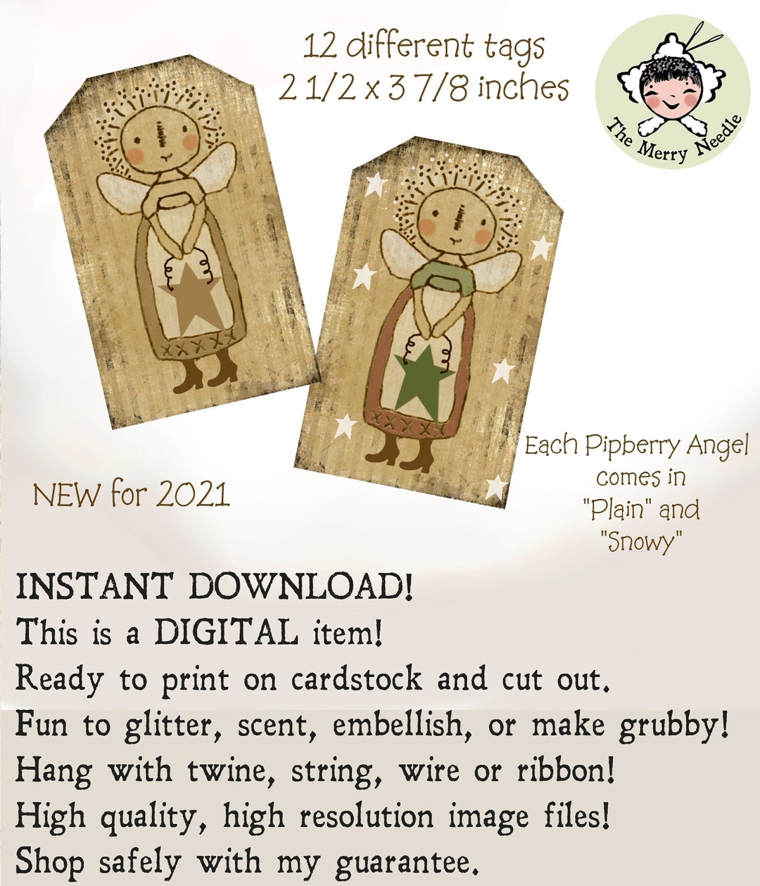 PIPBERRY ANGELS Xmas PRINTABLES Digital Angels Rustic Prim Hang Tag ...