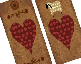 PRIM Valentine Chicken Henny & Friends - Sweet Winter Primitive Digital Rustic Hang Tags -Instant Download for you to print