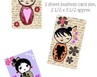 Kokeshi Doll Sweet Valentines - Instant Download, Pretty Valentine's Day Cards or Tags