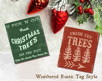 Christmas Farm Fresh Trees Sign PRINTABLE Digital - 12 Journal Collage Sheet - Primitive Hang Tags - Instant Download Easy to Print and Cut