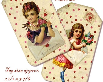 Pretty Victorian Valentine Tags - Sweet Winter Digital Six Tag Sheet and BONUS Sheet -Instant Download to print for Valentine's Day