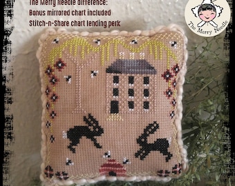 CHART Jumpin' for Joy Counted Cross Stitch e-Pattern - Colonial Primitive Spring Bunnies Rabbits Easter Quick Just 7 Floss Colors