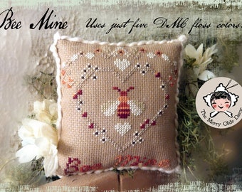 CHART Bee Mine Counted Cross Stitch Pattern - Primitive Pattern Instructions Prim Stitchery Valentine's Quick Just 5 Floss Colors Needed