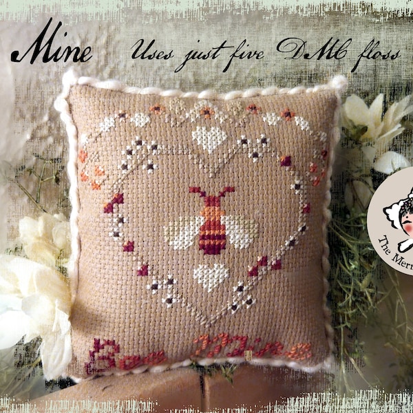 CHART Bee Mine Counted Cross Stitch Pattern - Primitive Pattern Instructions Prim Stitchery Valentine's Quick Just 5 Floss Colors Needed
