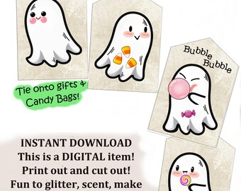 Candy Lovin' GHOSTS Tags/Decoupage Instant DL, Easy to Print  - 24 Tags + 1 Bonus Sheet. Bubblegum Ghost, Fun Gift Tie On
