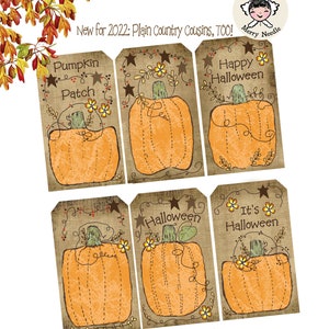 May include: Six printable gift tags featuring a pumpkin design with different Halloween-themed text. The tags are on a brown burlap background with stars and flowers.