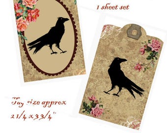PRIM Rose Crows Valentines Day Tags - Sweet Winter Primitive Digital Rustic Sheet and BONUS Sheet -Instant Download for you to print