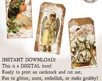 WHITE CHRISTMAS Tags - Printable Victorian Prim Primitive Hang Tags Journal Collage Sheet Scrapbooking Instant Download Easy to Print + Cut