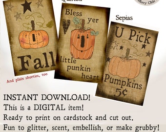 COUNTY FAIR PUNKINS Digital Tags Rustic Prim Hang Tag Farmhouse Shabby Pumpkins Halloween + Autumn -Instant Download Easy to Print Primitive