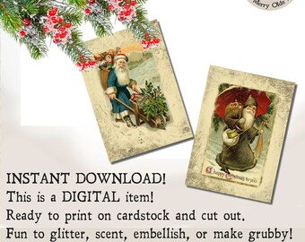 Digital SANTA 9 Tags - Printable Belsnickel Antique Journal Collage Sheet- Colorful - Scrapbooking, Instant Download Easy to Print and Cut