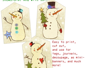 Sweet Snowmen - Festive Hats! Fun Tie On Tags, For Mini Banners, Decoupage, Journaling, more for Christmas and Winter. EZ to Cut Out.