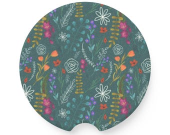Wildflower Pattern Soapstone Car Coaster | Floral Absorbent Car Pad