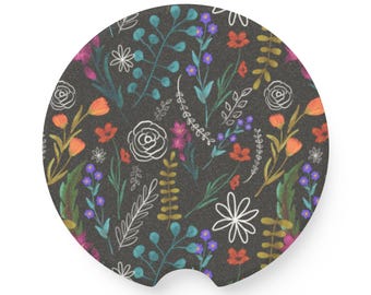 Wildflower Pattern Soapstone Car Coaster | Floral Absorbent Car Pad | Black