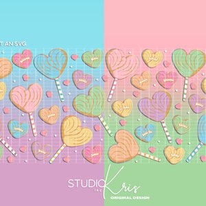 Puede incluir: Un patr&oacute;n de papel digital con un dise&ntilde;o repetitivo de galletas en forma de coraz&oacute;n con diferentes glaseados de colores y chispas. Las galletas est&aacute;n en palos y tienen texto que dice "Believe", "Love", "Smile", y "Kiss Me".