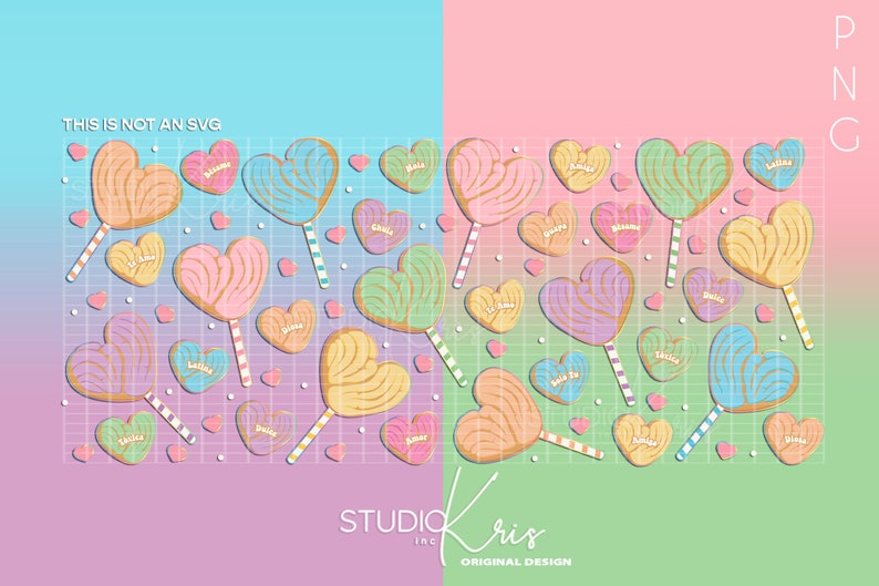 Puede incluir: Un patr&oacute;n de papel digital con un dise&ntilde;o repetitivo de galletas en forma de coraz&oacute;n con diferentes glaseados de colores y chispas. Las galletas est&aacute;n en palos y tienen texto que dice "Believe", "Love", "Smile", y "Kiss Me".