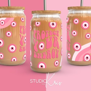 ピンクのエネルギーを保護する邪眼 SVG UV DTF 16 オンス缶ガラスラップ | デジタルダウンロード