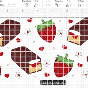 May include: A digital design featuring a repeating pattern of chocolate bars with strawberry and white filling, strawberries, and white flowers on a white background with a grid overlay.