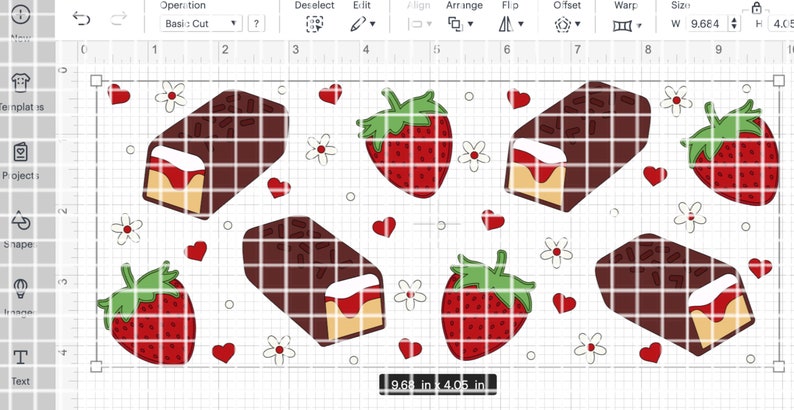May include: A digital design featuring a repeating pattern of chocolate bars with strawberry and white filling, strawberries, and white flowers on a white background with a grid overlay.