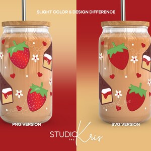 May include: Two glass tumblers with a brown liquid and a straw. The tumblers are decorated with a pattern of strawberries, hearts, flowers, and chocolate squares with white frosting. The text "PNG VERSION" and "SVG VERSION" is printed below the tumblers.