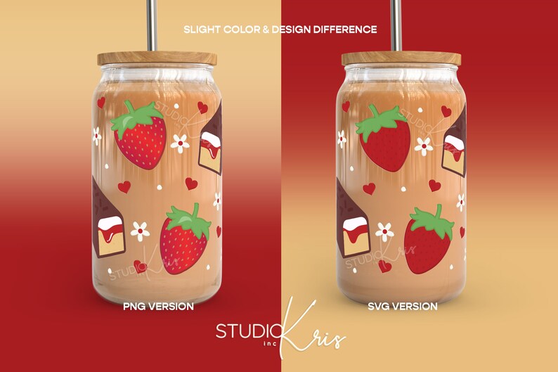May include: Two glass tumblers with a brown liquid and a straw. The tumblers are decorated with a pattern of strawberries, hearts, flowers, and chocolate squares with white frosting. The text "PNG VERSION" and "SVG VERSION" is printed below the tumblers.