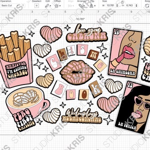 Puede incluir: Una colecci&oacute;n de pegatinas coloridas con varias referencias a la comida y la cultura mexicanas. Las pegatinas incluyen im&aacute;genes de churros, conchas, una taza de caf&eacute; con una concha encima, labios y una mujer con l&aacute;piz labial. El texto en las pegatinas incluye "Whatever I'm getting churros", "Boo you Cabrona", "La Chingona", "Is pan dulce a carb", "Pero first cafetito", "Wednesday we eat conchas", y "La Tonica".