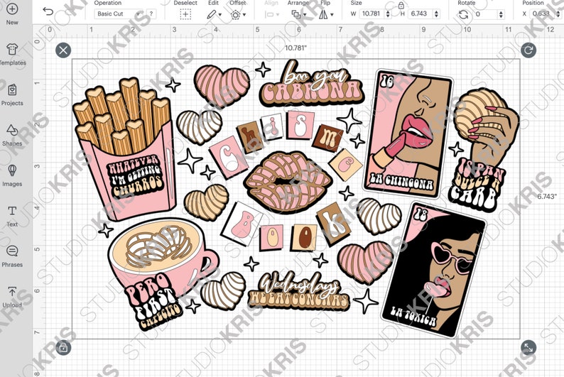 Puede incluir: Una colecci&oacute;n de pegatinas coloridas con varias referencias a la comida y la cultura mexicanas. Las pegatinas incluyen im&aacute;genes de churros, conchas, una taza de caf&eacute; con una concha encima, labios y una mujer con l&aacute;piz labial. El texto en las pegatinas incluye "Whatever I'm getting churros", "Boo you Cabrona", "La Chingona", "Is pan dulce a carb", "Pero first cafetito", "Wednesday we eat conchas", y "La Tonica".