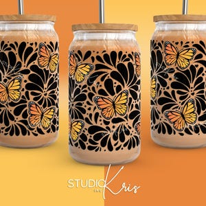 Papillon monarque Talavera mexicaine 16 oz peut envelopper de verre SVG Mexicana | Téléchargement numérique
