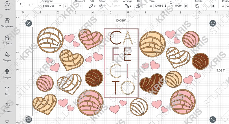 May include: A digital design featuring a variety of pink, brown, and white heart and circle shapes with a brown outline. The text "CAFE CITO" is centered in the design.