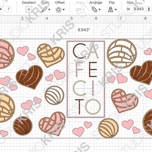 Op de afbeelding: Een digitaal ontwerp met een patroon van roze, bruine en witte, pastry-achtige vormen met een hartvormig ontwerp. De tekst "CAFE CITO" is gecentreerd in het ontwerp.