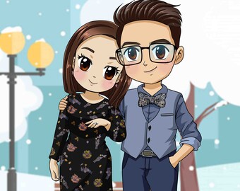 Custom Chibi Couple Portrait: Anime Style Illustration (Digital Printable)