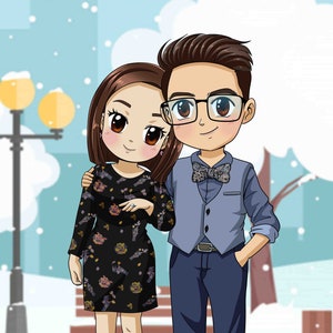 Custom Chibi Couple Portrait, Custom Anime Christmas Postcard, Personalized Digital Printable Illustration, Caricature Pet Drawing