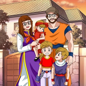 Portrait de famille personnalisé, Portrait d'anime personnalisé, Illustration de dessin animé