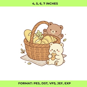 May include: A digital illustration of a picnic basket filled with bread and croissants, with two cartoon bears. One bear is eating a pastry. The image includes the text "4, 5, 6, 7 INCHES" and "FORMAT: PES, DST, VP3, JEF, EXP".