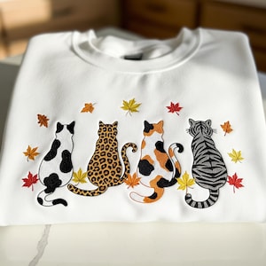 Embroidered Cat Fall Sweatshirt: Custom Autumn Leaves, Personalized Pet Portrait