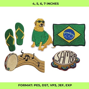 Op de afbeelding: Geborduurde patches met een golden retriever met zonnebril en groene trui, groene slippers, een Braziliaanse vlag, een tamboerijn, muzieknoten en een tamboerijn met het woord "SAMBA". Beschikbare maten: 10, 12.7, 15.2 en 17.8 cm.