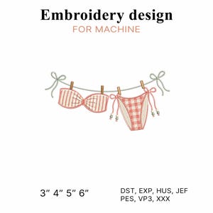 Diseño de bordado de bikini a cuadros rosas, archivo de bordado a máquina de traje de baño coqueto, patrón de bordado de chica de playa de verano