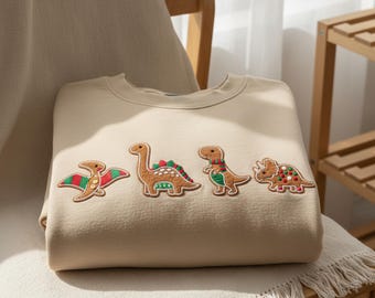 Embroidered Gingerbread Dinosaur Christmas Sweatshirt: Holiday Dino Crewneck