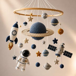 Può includere: Una giostrina a tema spaziale con figure all'uncinetto di un astronauta, un razzo, un satellite e vari pianeti e stelle sospesi a una cornice circolare in legno. Gli elementi sono realizzati in tonalità di blu, bianco, grigio e giallo.