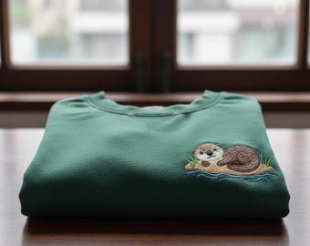 Geborduurd zeeottersweater, gezellig ottercadeau, dierenvriendshirt, ottermoeder ronde hals