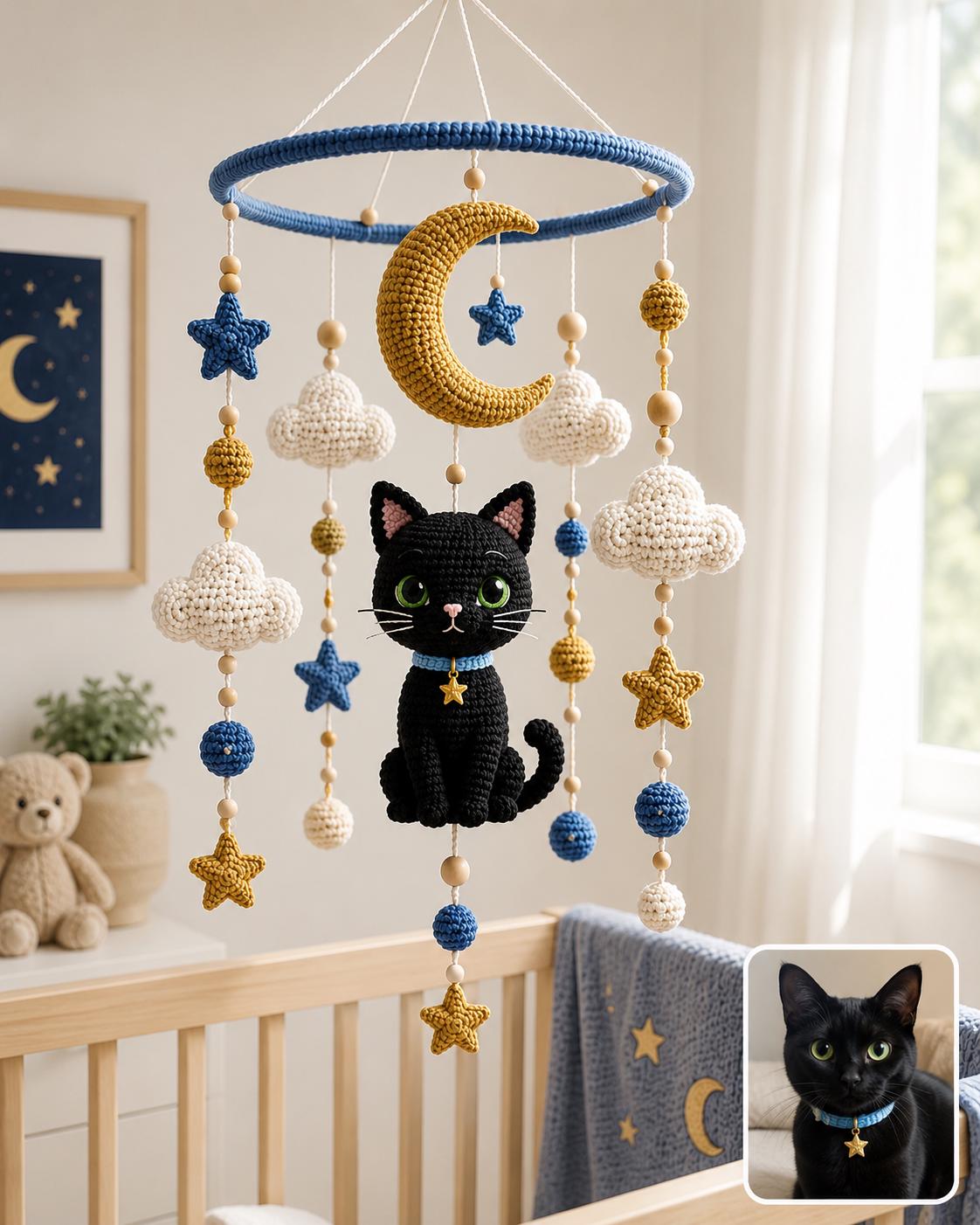 Custom Pet Baby Mobile From Photo, Personalized Crochet Dog Cat Crib Mobile, Moon Star Nursery Decor, Pet Lover Baby Shower Gift