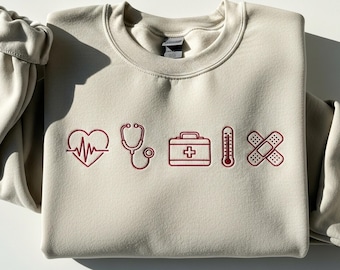 Medical Icons Embroidered Sweatshirt, Nurse Doctor Crewneck, Healthcare Worker Gift, Stethoscope Heart Bandage Pullover