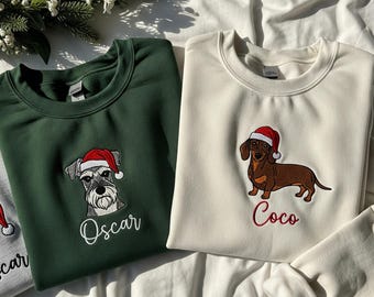 Custom Dog Christmas Sweatshirt, Embroidered Pet Name Gift, Santa Hat Dog Lover Holiday Shirt