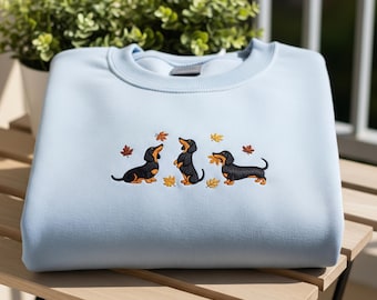 Dachshund Embroidered Sweatshirt, Fall Autumn Leaves Dog Lover Crewneck, Wiener Dog Embroidery Gift Top