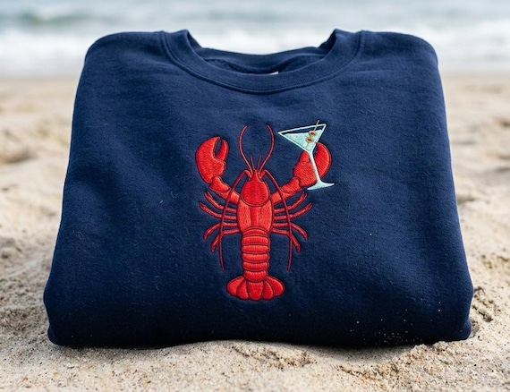 Embroidered Lobster Martini Sweatshirt, Coastal Summer Crewneck, Beach Vacation Sweatshirt, Nautical Seafood Lover Gift