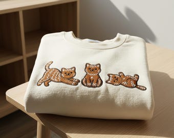 Embroidered Gingerbread Cat Sweatshirt - Christmas Cat Lover Crewneck