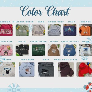 May include: A colour chart displaying seventeen different sweatshirt and hoodie options in various colours including maroon, military green, sand, sport grey, navy, orange, light pink, black, forest green, brown, carolina blue, white, beige, light blue, grey, dark chocolate, and red.
