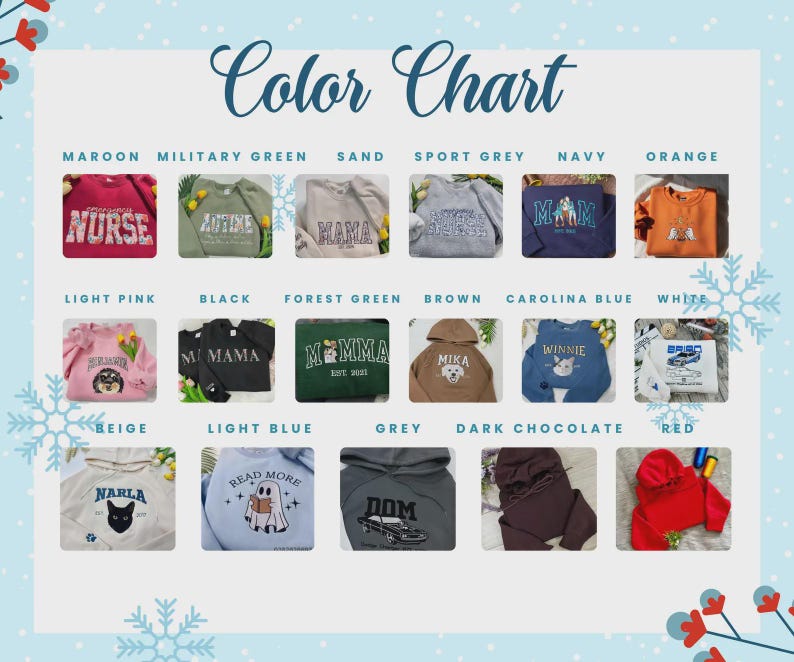 May include: A colour chart displaying seventeen different sweatshirt and hoodie options in various colours including maroon, military green, sand, sport grey, navy, orange, light pink, black, forest green, brown, carolina blue, white, beige, light blue, grey, dark chocolate, and red.
