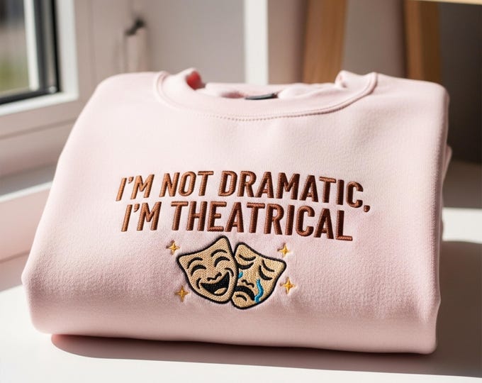 Pink Theater Embroidered Sweatshirt: Comedy Tragedy Masks Crewneck